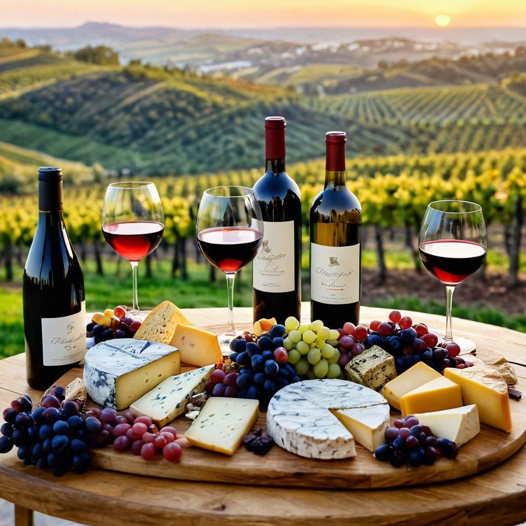A beautifully arranged wine tasting table featuring an array of varied wine bottles, colorful wine glasses filled with different types of wine, and an elegant cheese platter with assorted cheeses. The background captures a vineyard landscape under a golden sunset, evoking a sense of exploration and indulgence. Include elements of tasting notes and pairings artistically displayed around the table. Painting. Warm colors. Soft focus.