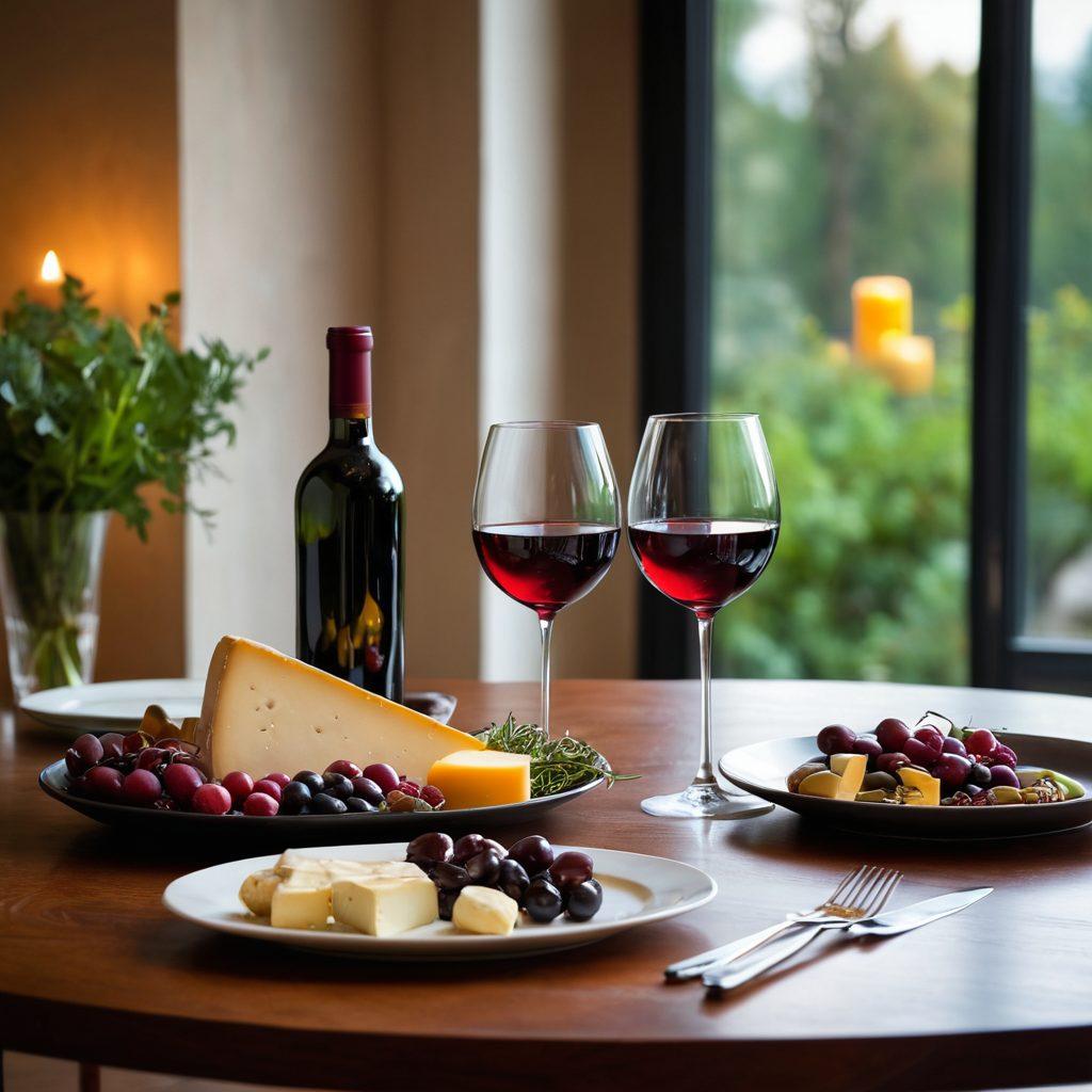 A luxurious table setting featuring an elegant wine bottle, two beautifully shaped glasses filled with ruby-red wine, and an array of gourmet food pairings like artisanal cheeses, olives, and dark chocolate. Surrounding the scene are soft candlelight and delicate greenery, evoking a warm, inviting atmosphere. An artistic touch of splashes of wine being poured enhances the dynamic feel of the experience. soft focus. vibrant colors. high-end dining ambiance.