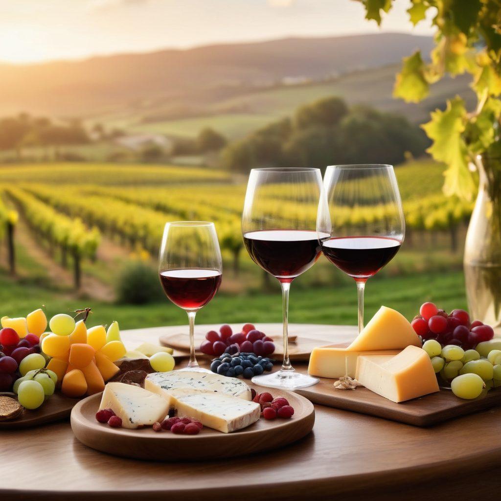 A beautifully arranged table set for a wine tasting event, featuring elegant wine glasses filled with different shades of red and white wines. Include an array of artisanal cheeses and fruits, alongside an open wine journal with tasting notes scribbled. The backdrop should be a vineyard under a golden sunset, evoking a sense of serenity and sophistication. super-realistic. warm colors. soft focus.